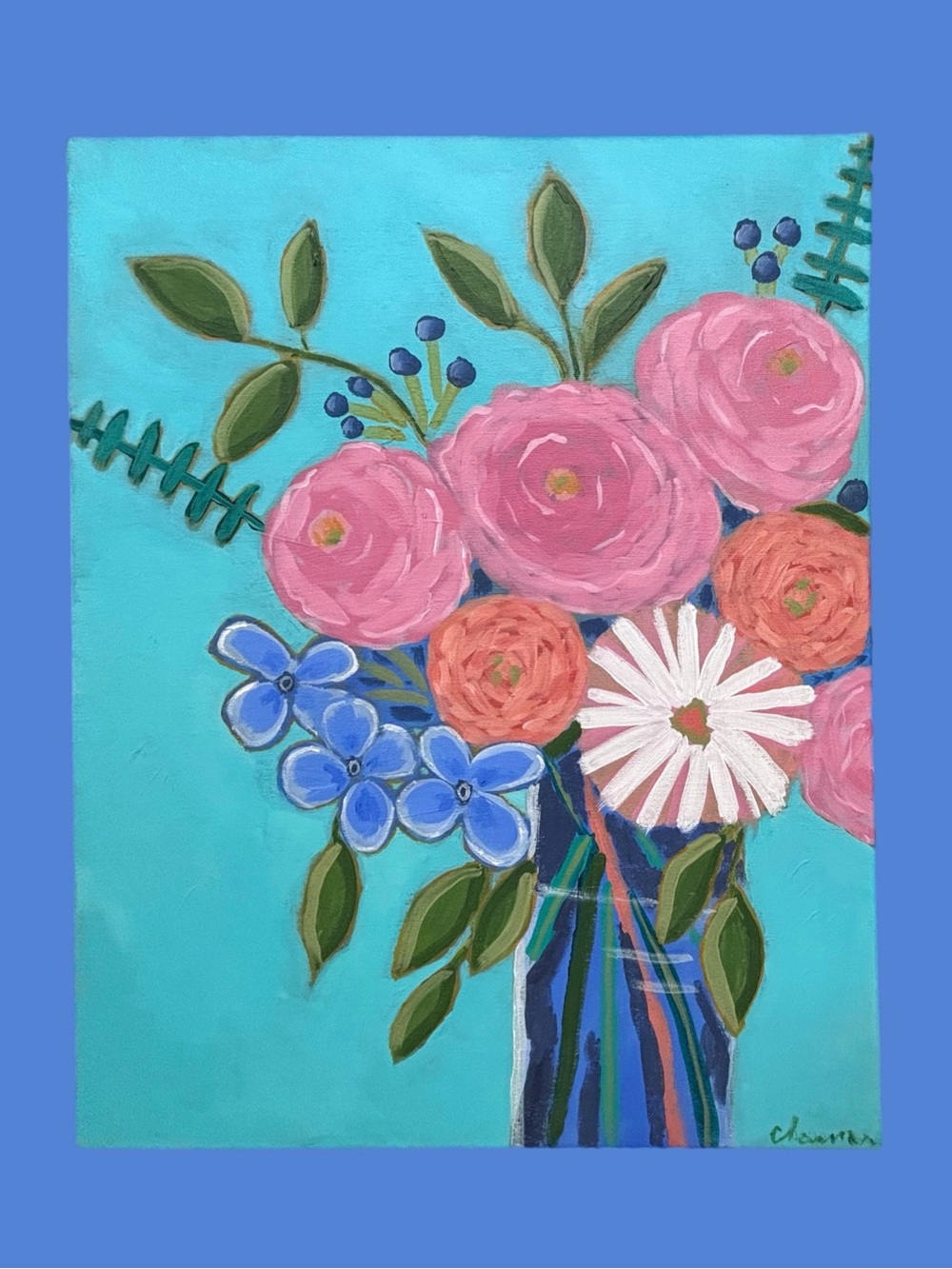 Colorful Floral Bouquet Painting - Pink, Blue, Coral Hand Painted Original Art